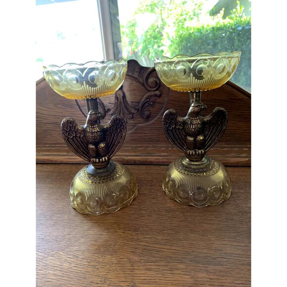 RARE Vintage Mid Century EAGLE Depression Glass & BRASS Candlesticks AMERICANA - Picture 3 of 14
